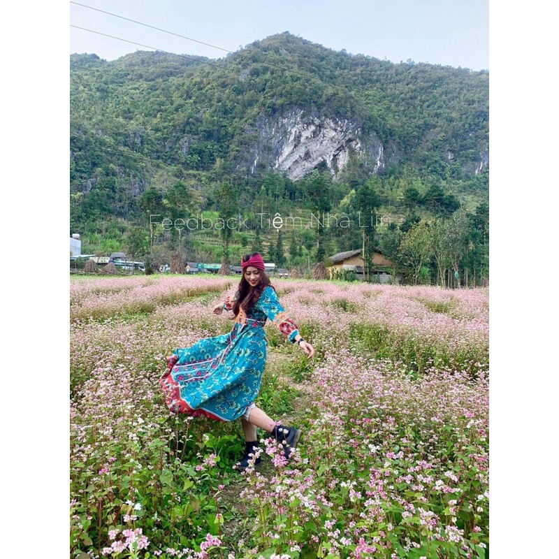 Đầm Thổ Cẩm Thêu Hoa Vintage chụp ảnh thời trang nữ mã 14 màu xanh