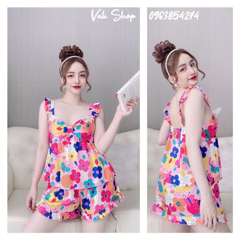 Đồ ngủ lụa latin tay cánh tiên quần đùi bèo freesize 42-57kg