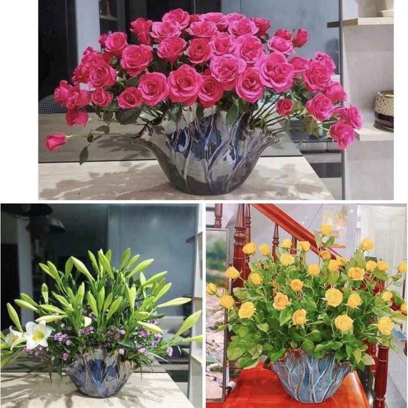 Giỏ cắm hoa dáng lá sen, men hỏa biến. Gốm sứ Bát Tràng.