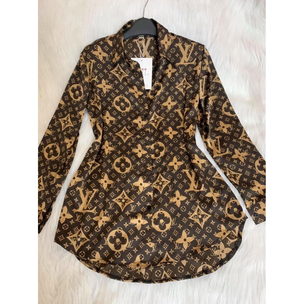 Áo sơ mi lụa nữ cao cấp công sở đẹp MQ BOUTIQUE áo sơ mi họa tiết chữ L.V nâu thiết kế