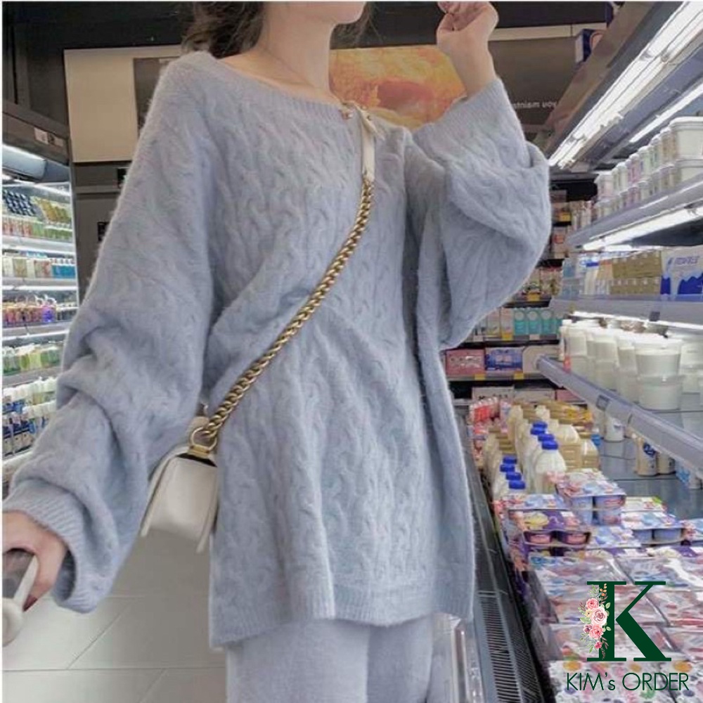 Áo len vặn thừng nữ màu xanh be tím cổ tròn dài tay phom rộng chất đẹp loại 1 phom suông rộng phong cách Ulzzang Hàn