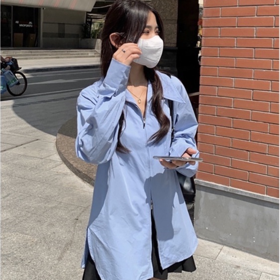 Áo sơ mi cổ nhọn oversize khéo khóa tay dài cá tính thời trang Becky