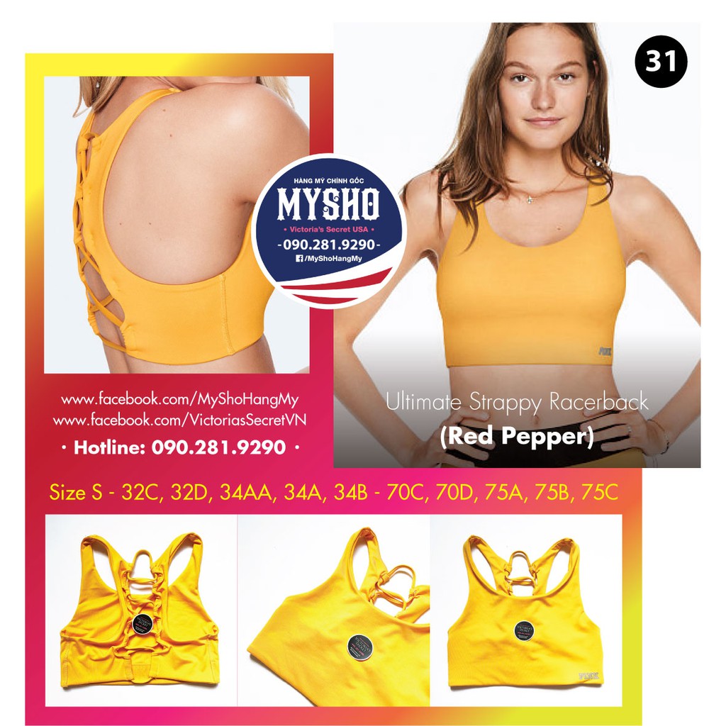 Áo lót thể thao (31) Ultimate Trappy màu vàng, không mút, hàng nhập Victoria's Secret, Size S