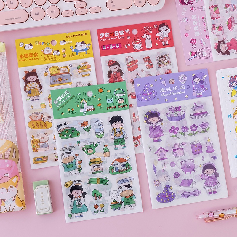 Set 4 tờ miếng dán màu trong suốt họa tiết hoạt hình phong cách dễ thương