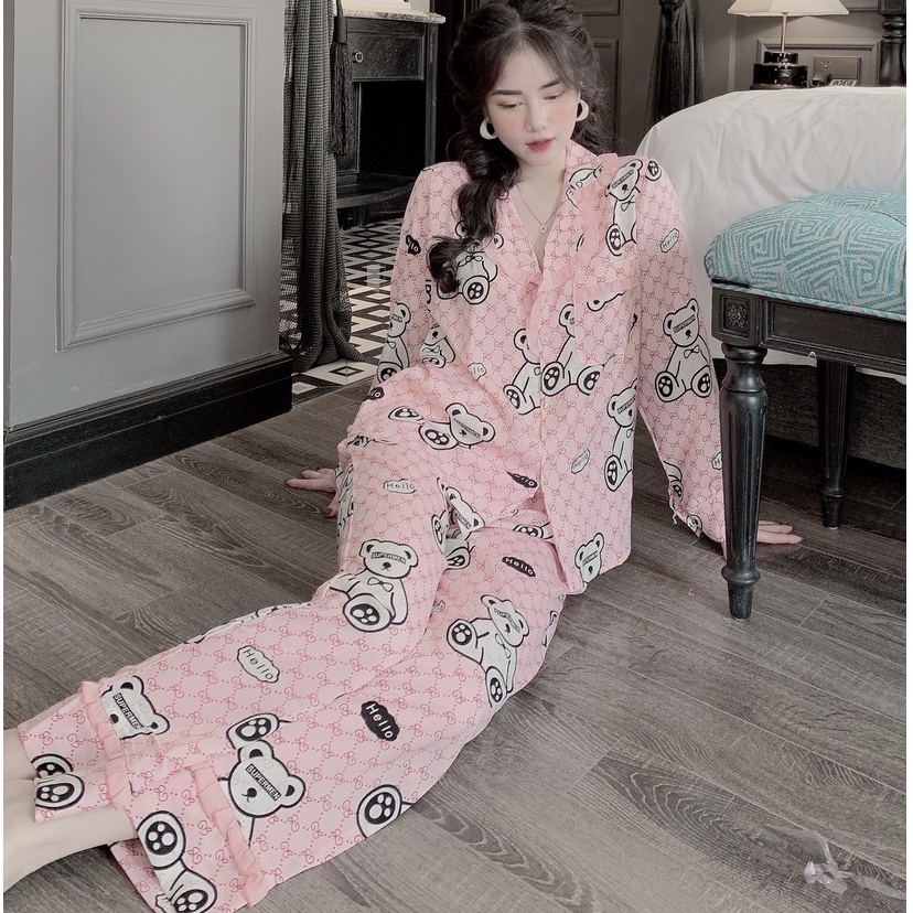 Đồ bộ nữ lụa ngủ pijama dài tay quần dài mặc nhà dễ thương JUSOKA