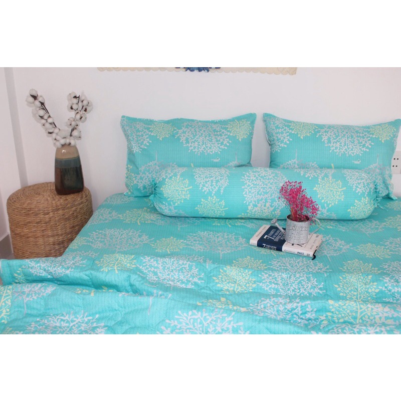 Drap Thắng Lợi, ga giường cotton 100% mẫu HOA TUYẾT XANH