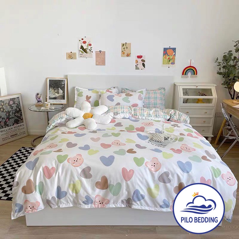 Bộ chăn ga gối Cotton Poly PILO BEDDING gồm vỏ chăn mền,drap ga giường và 2 vỏ gối nằm - PL Trái tim sắc màu