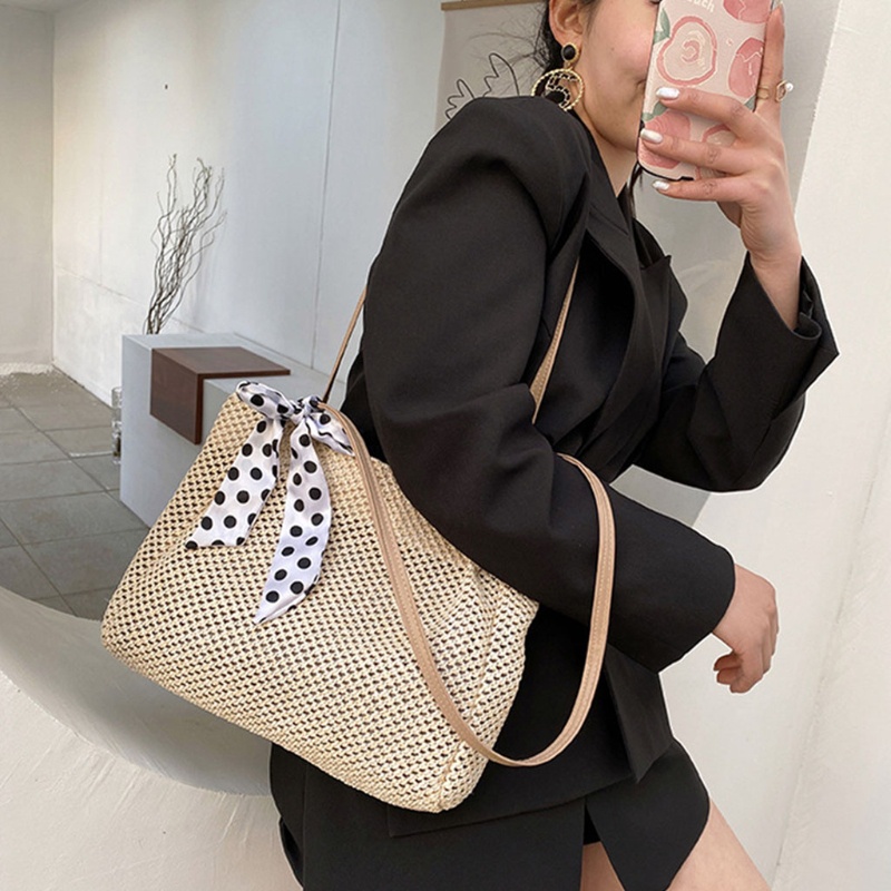 Túi cói xách tay sức chứa lớn thắt dây ruy băng lụa phong cách vintage thời trang dành cho nữ
