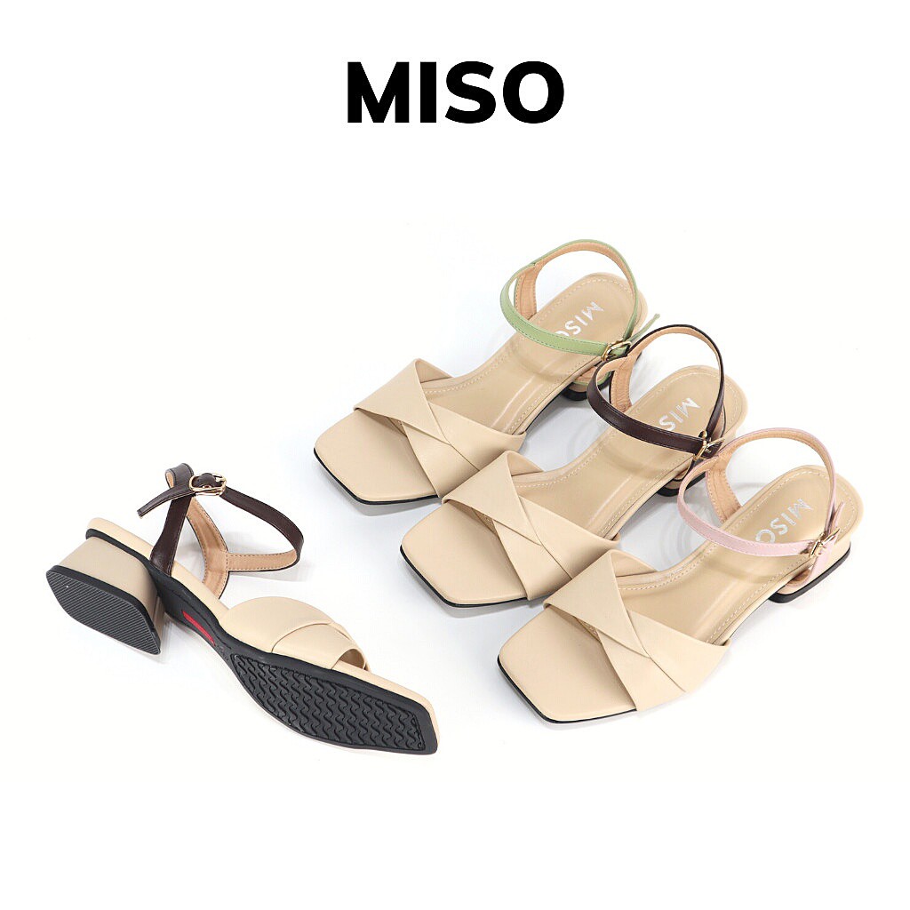 Giày sandal nữ quai ngang đắp chéo phối màu pastel êm chân mũi vuông cao 3cm MISO M043