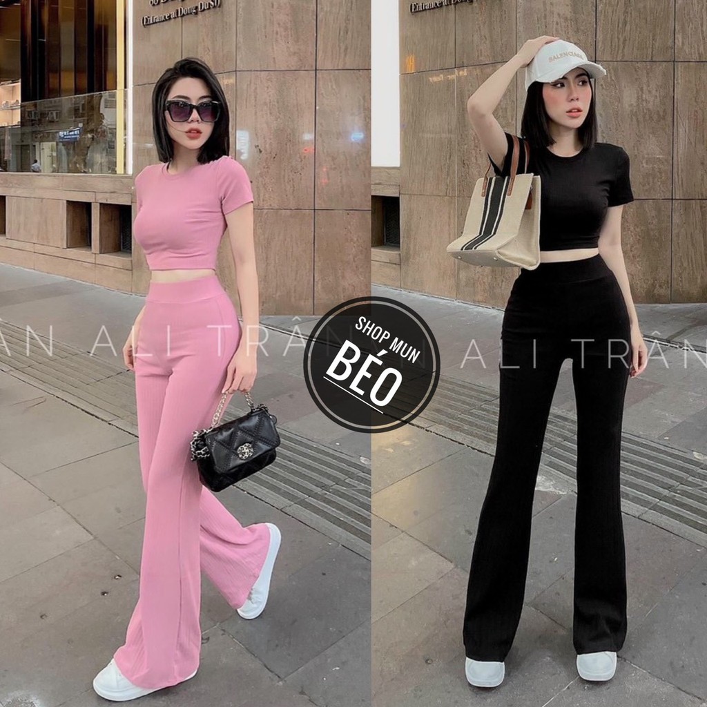 [MẪU MỚI] Set Bộ Quần Dài Ống Loe Kèm Áo Croptop Tay Ngắn Chất Thun Gân Chính Phẩm Thích Hợp Mặc Đi Tiệc Đi Làm Đi Chơi