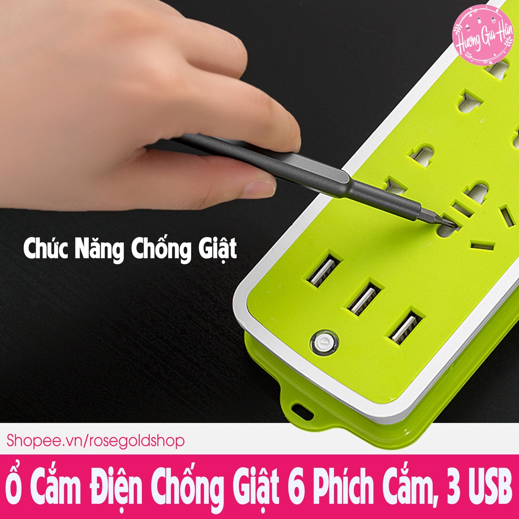 Ổ Cắm Điện Chống Giật 6 Phích Cắm, 3 Cổng USB, Phù Hợp Mọi Loại Phích Cắm, Nút Nguồn An Toàn Cho Trẻ Nhỏ