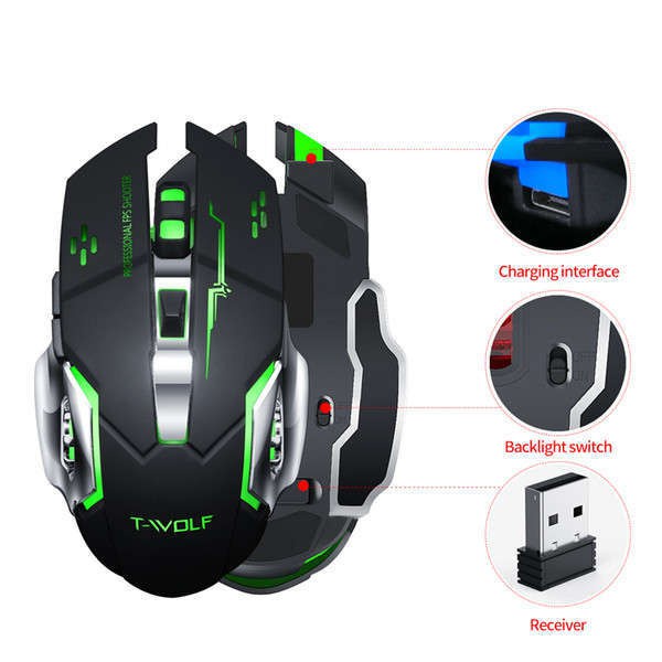 CHUỘT Không Dây T- WOLF Q13 Chuột GAMING, Sạc lại được, DPI 1200 - 2400, Không ồn,Bảo hành 1