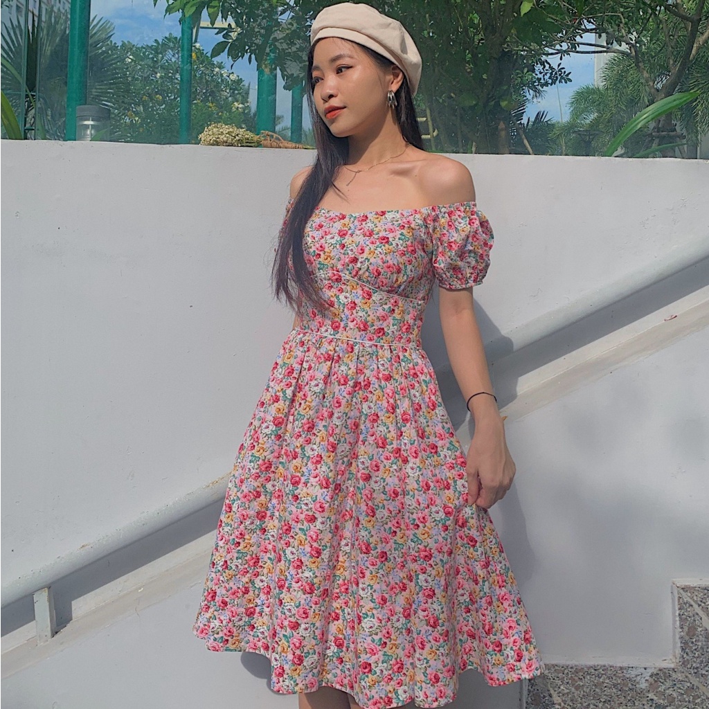 Đầm hoa nhí đỏ bẹt vai Callene (CC229)