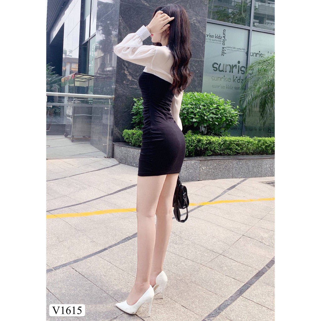 Váy đen body tay phối trắng V1615 - Đẹp Shop DVC (Kèm ảnh thật trải sàn do shop tự chụp) | BigBuy360 - bigbuy360.vn