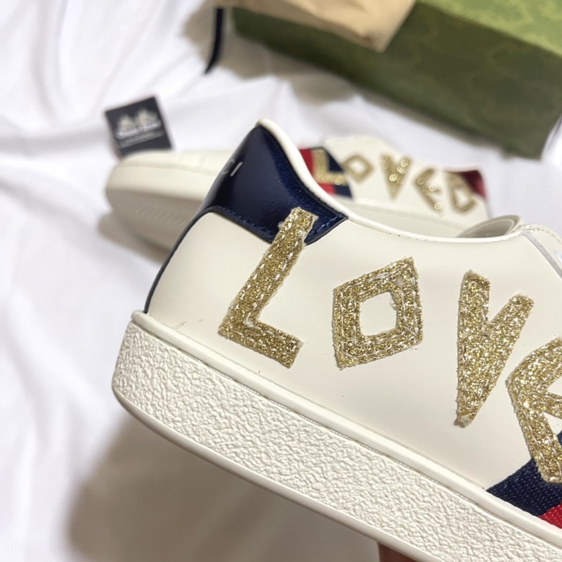 Giày thể thao nữ nam GC trắng chữ love đế thơm vani, giày GC ACE trắng gót 2 màu chữ lấp lánh kim tuyến cao cấp