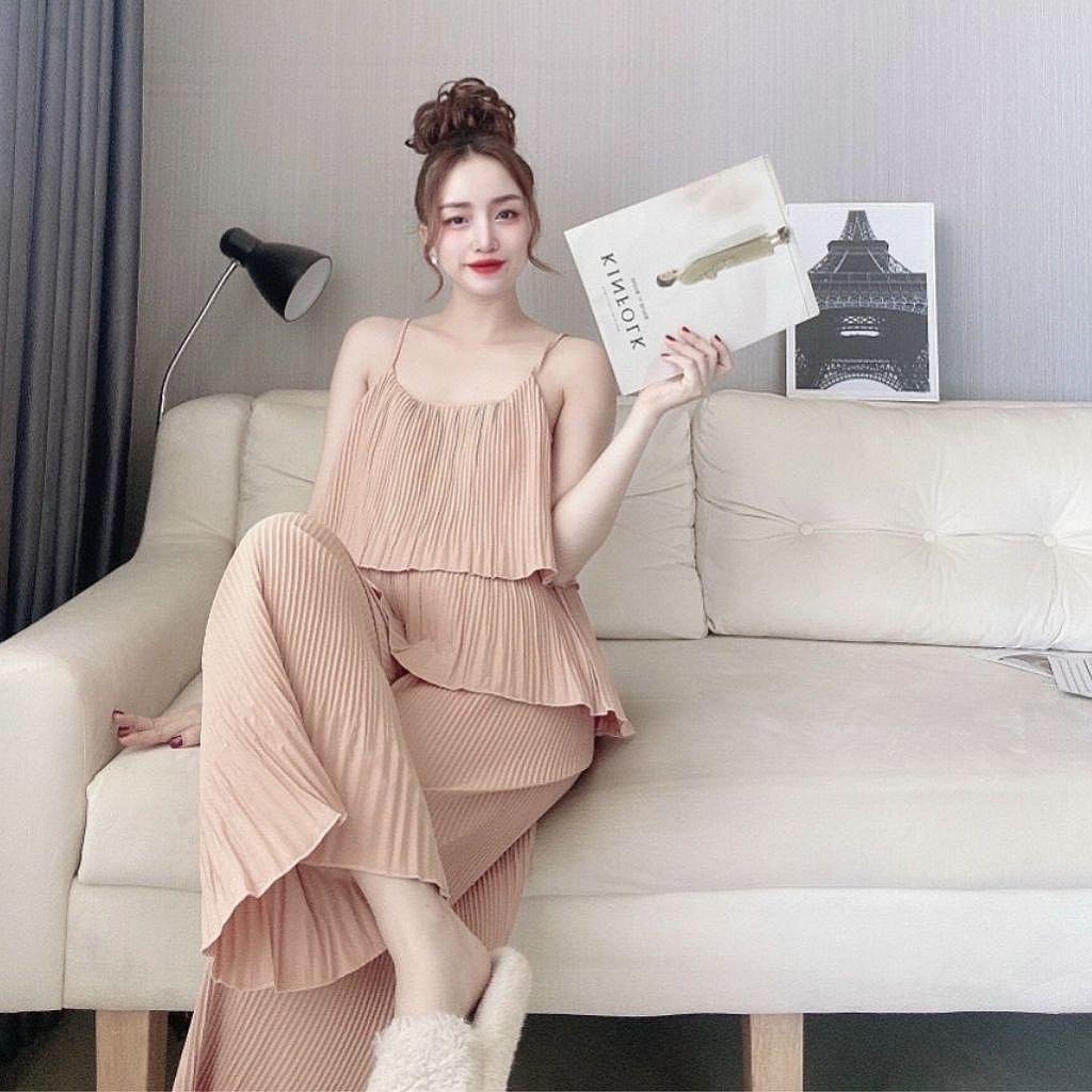 Set đồ bộ nữ quần suông áo xếp tầng phom lớn 58-68kg vải dập ly tạo độ xốp, mịn, không nhăn