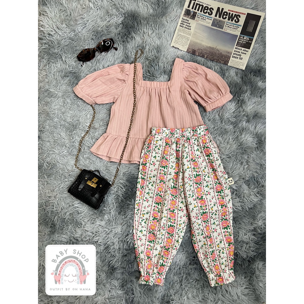 Set bộ áo cổ vuông tay phồng quần hoa chất vải thô kiểu dáng baby doll cho bé gái từ 7-20kg
