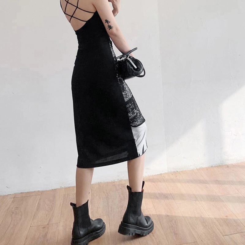 Chân Váy Midi Chữ A Lưng Cao Dáng Ôm In Họa Tiết Chân Dung Phong Cách Gothic Punk Cho Nữ