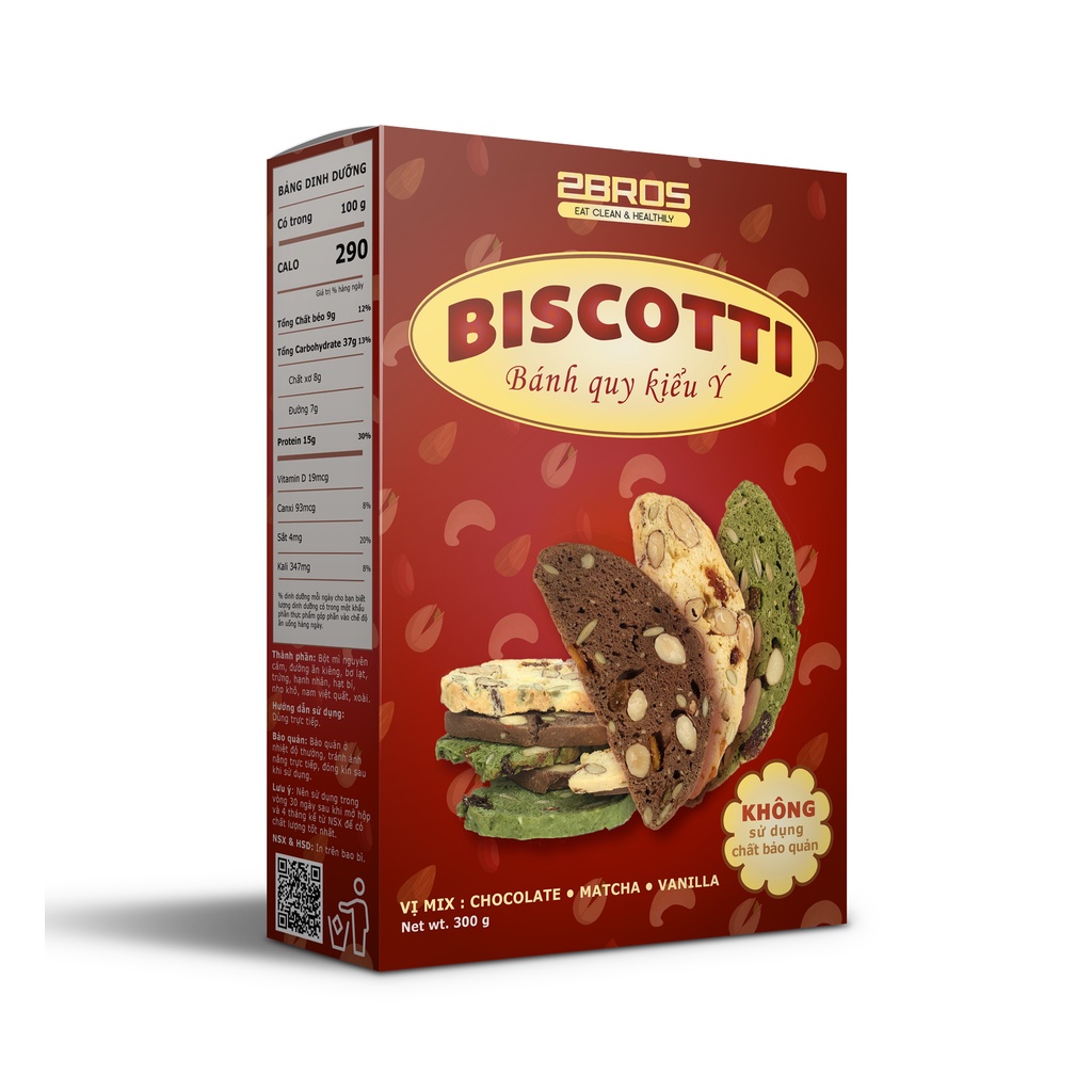 Bánh Biscotti mix 3 vị - Bánh ăn kiêng không đường 2Bros - Dành cho người ăn kiêng, giảm cân, tiểu đường.