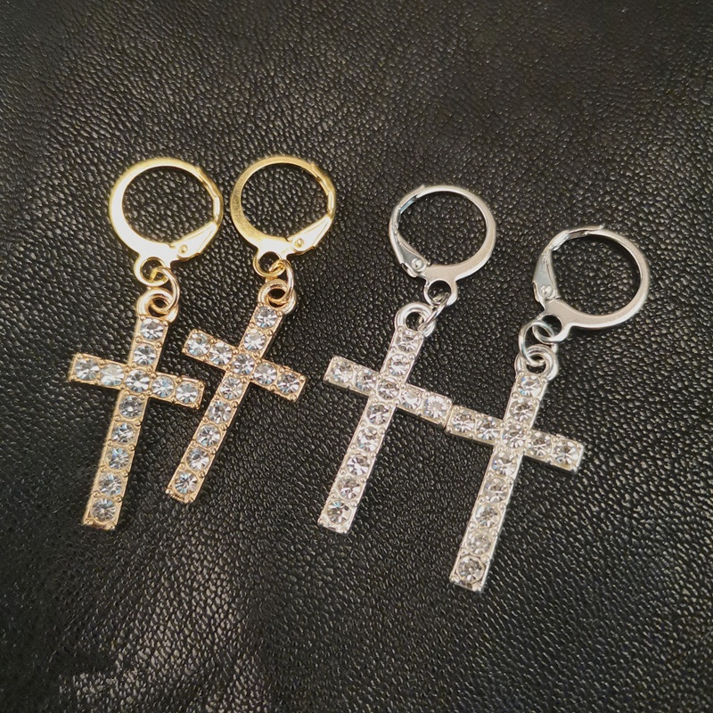 1 đôi bông tai dáng dài hình chữ thập đính đá phong cách vintage thanh lịch cho nữ