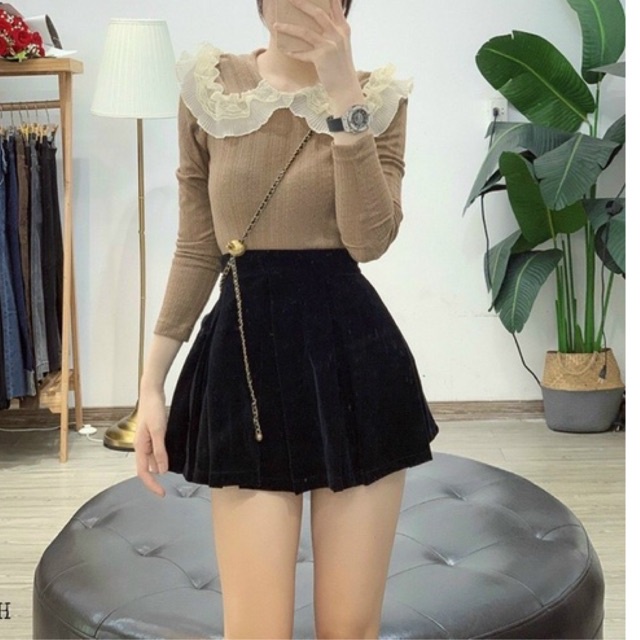 CHÂN VÁY NHUNG XOÈ XẾP LY CÓ LÓT QUẦN MS15332