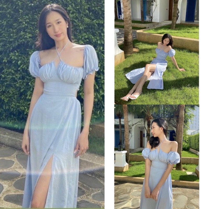 ĐẦM MIDI XANH CHUN LƯNG SAU XẺ