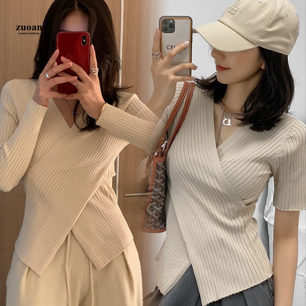 Áo kiểu SUXI dệt kim cổ chữ V phong cách thời trang Hàn Quốc