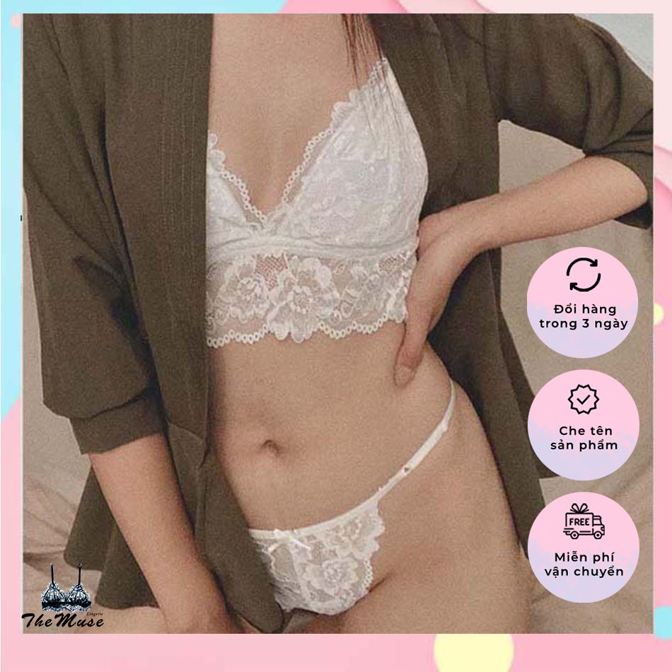 Bộ đồ lót nữ bralette trắng áo crop mix quần dây không gọng có mút