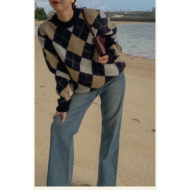 Áo cardigan khoác len quả trám WANAWEAR cadigan sweater đôi nam nữ họa tiết kẻ cổ điển vintage màu nâu đen