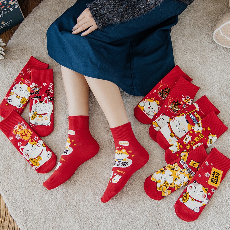 Đôi vớ cotton cổ cao tới mắt cá chân màu đỏ họa tiết mèo may mắn hoạt hình đáng yêu thời trang năm mới cho nữ bé gái