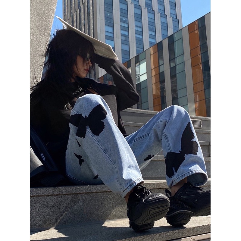 (Có big size) (Ảnh thật shop chụp) Quần jeans ống rộng hình bướm đen