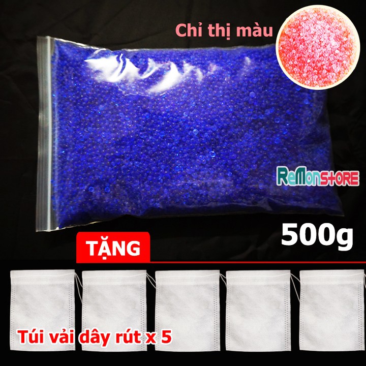 Túi 500g hạt chống ẩm xanh đổi màu (tặng 5 túi vải to 11x9cm) hút ẩm cho máy ảnh, giày dép, túi xách, quần áo