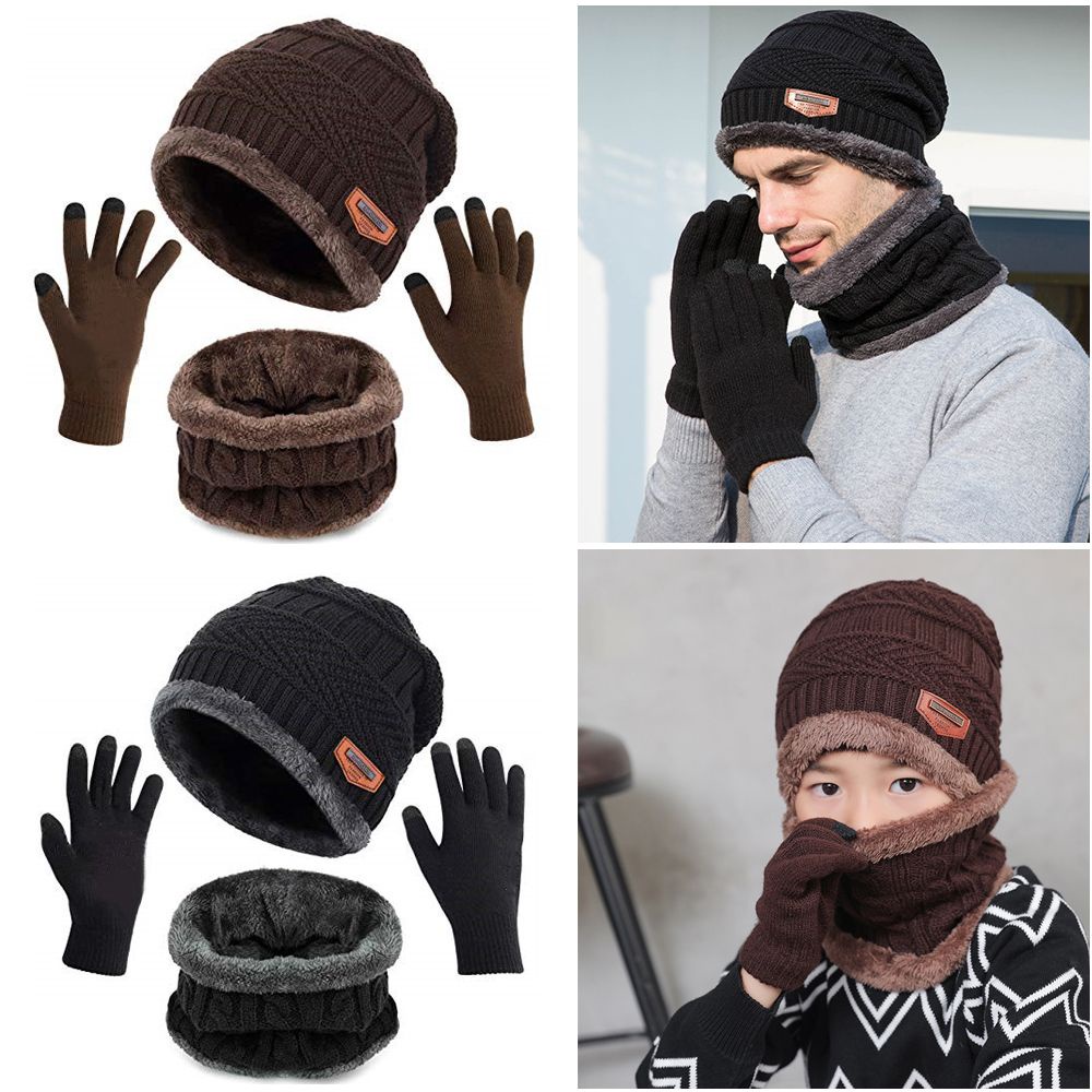 Set Mũ beanie + Khăn Choàng Cổ + Găng Tay + Khăn Choàng Cổ Dệt Kim 3 Trong 1 Có Thể Sử Dụng Màn Hình Cảm Ứng Cho Nam Nữ