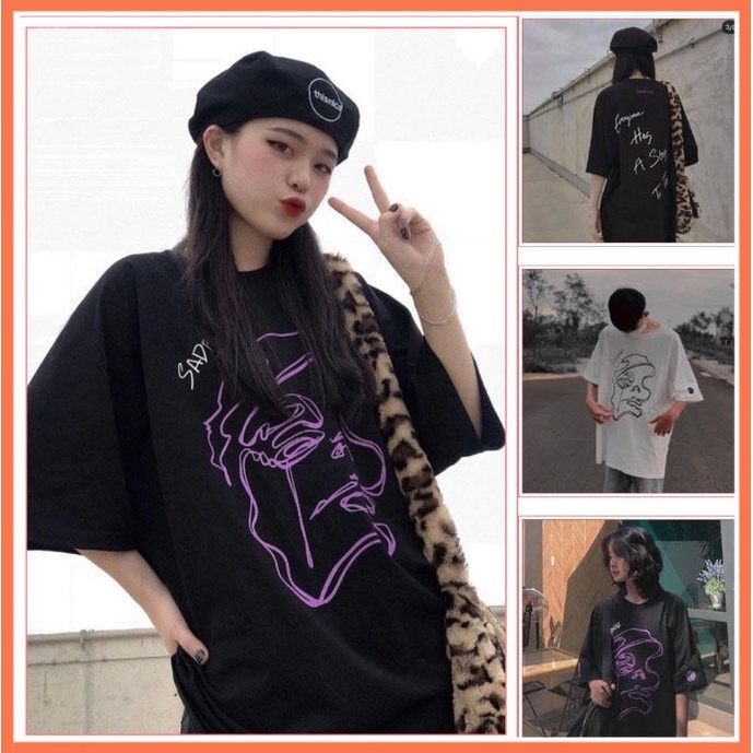 Áo phông tay lỡ Unisex form rộng nam nữ vải cotton co dãn, áo thun nam nữ Sad Story thêu mặt vui