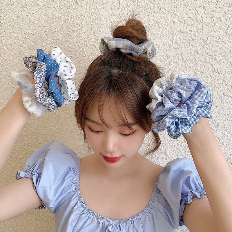 Set 5 dây buộc tóc scrunchies màu xanh dương hoạ tiết caro/chấm bi cho nữ