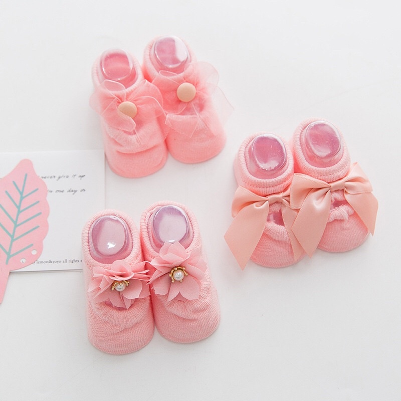 Set 3 đôi vớ tất sơ sinh cho bé, Tất hài đính nơ siêu cute cho bé gái