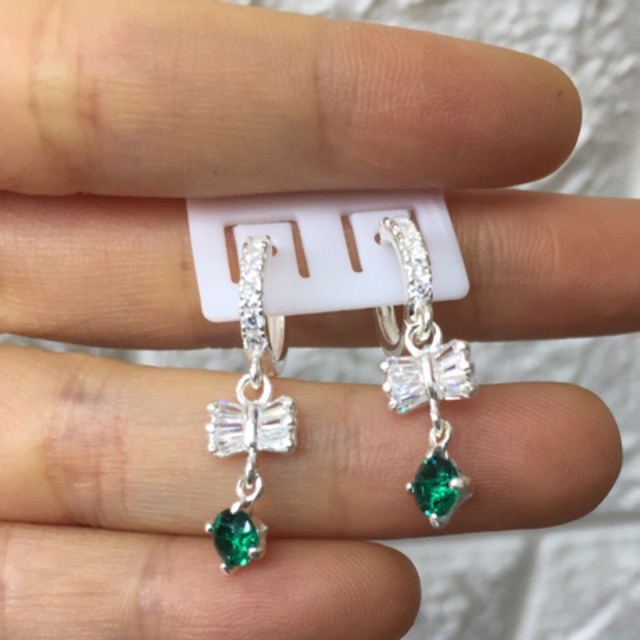 Khuyên tai nơ treo đá nhân tạo nhiều màu bạc ta