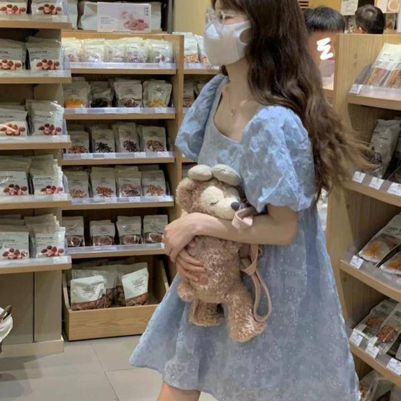 Đầm Chữ A Tay Phồng Cổ Vuông Màu Xanh Dương Phong Cách Pháp Thời Trang Mùa Hè