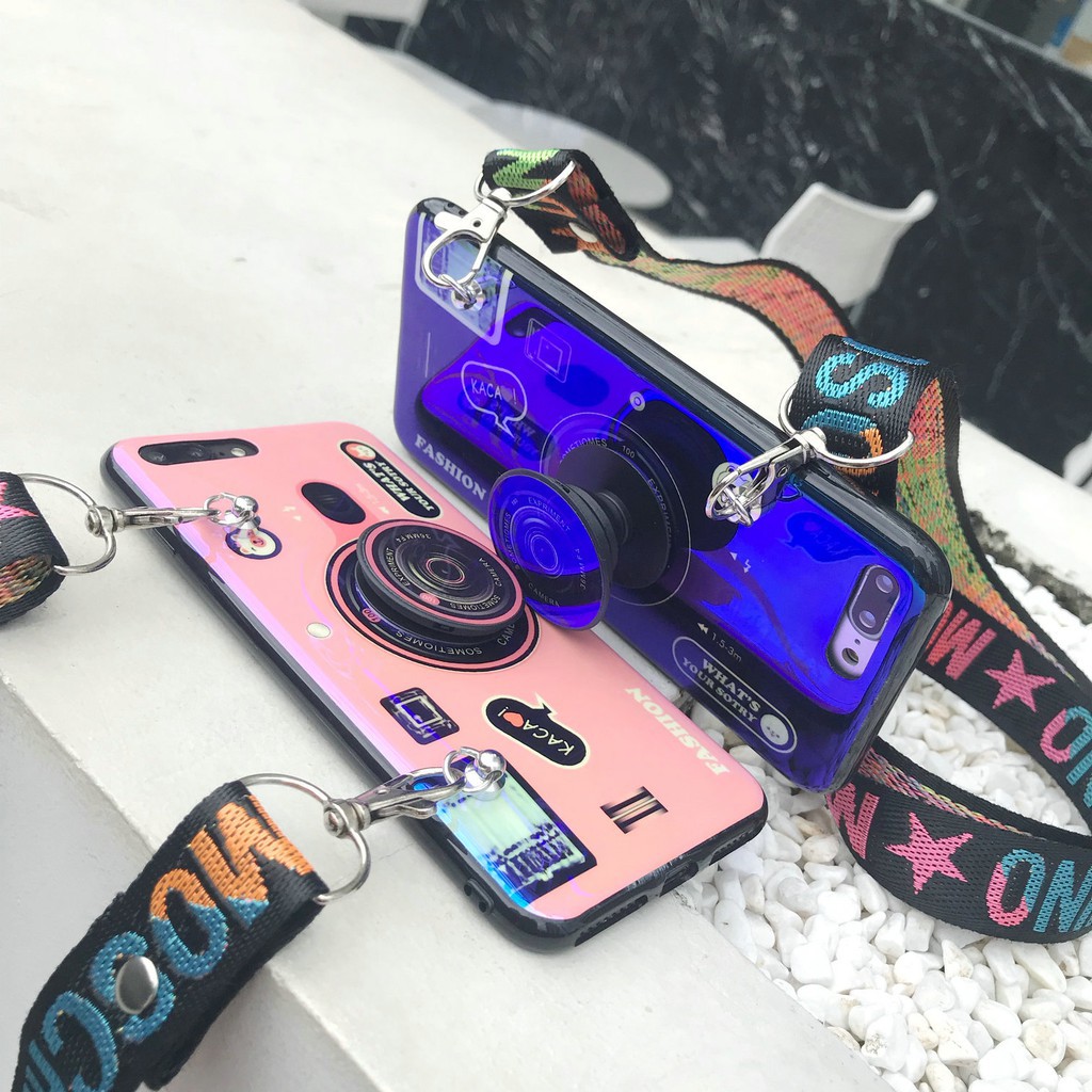 Ốp điện thoại TPU với giá đỡ hình Camera + dây đeo thích hợp cho iPhone 5 5S 6 6s 7 8 Plus XR X