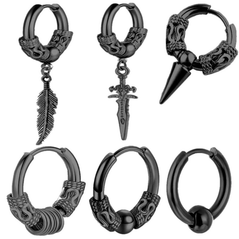 Set 6 Khuyên Tai Tròn Bằng Thép Không Gỉ Họa Tiết Rồng Phong Cách Viking