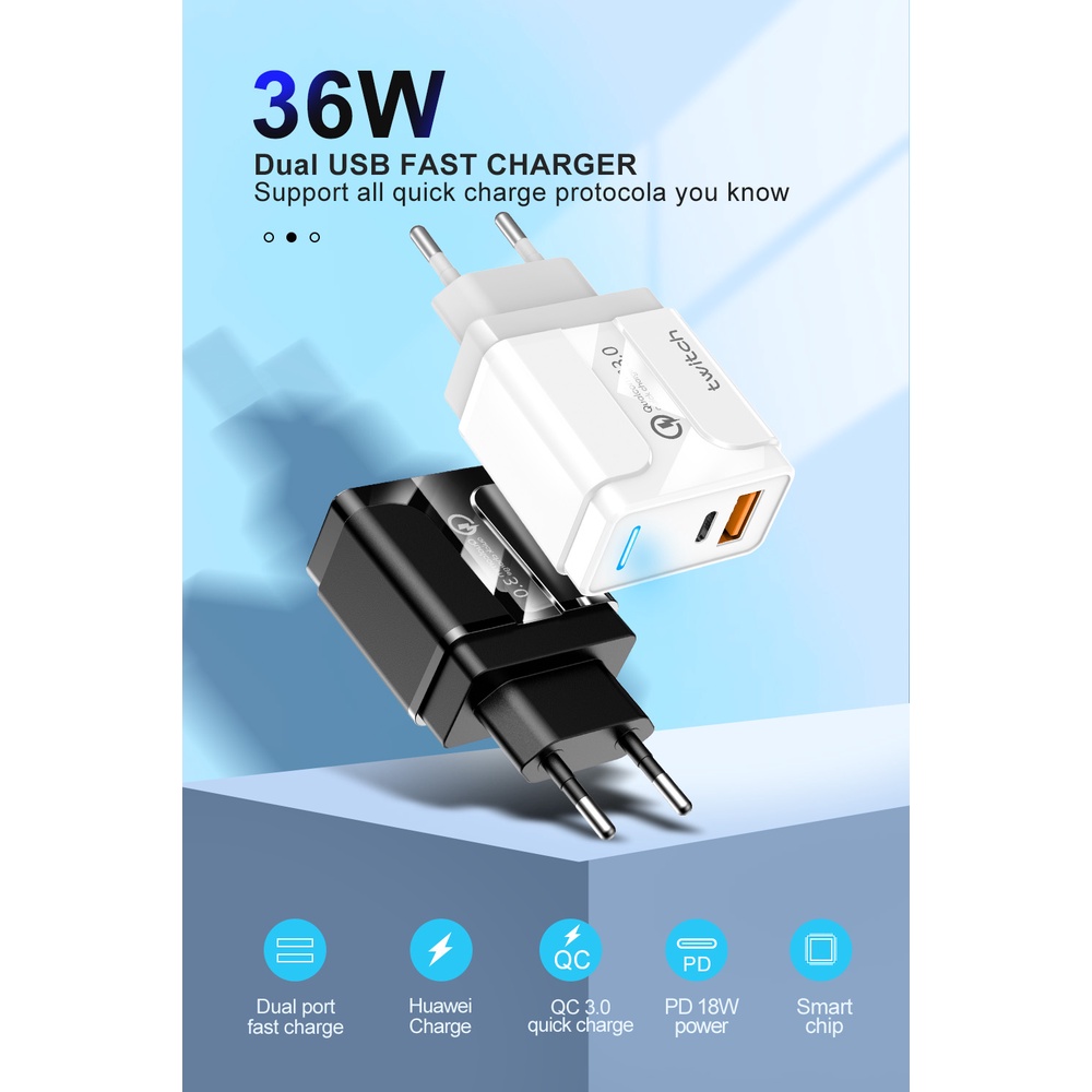 Củ sạc nhanh Twitch Q.C 3.0 cổng USB Type C PD với phích cắm Eu/Us tùy chọn