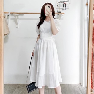 Đầm váy freesize trắng chéo eo