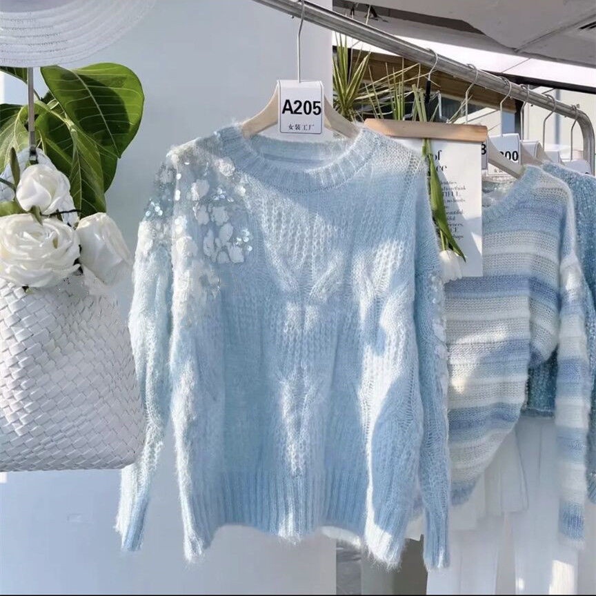 Áo sweater Dệt Kim Cổ Tròn Màu Hồng Dễ Thương