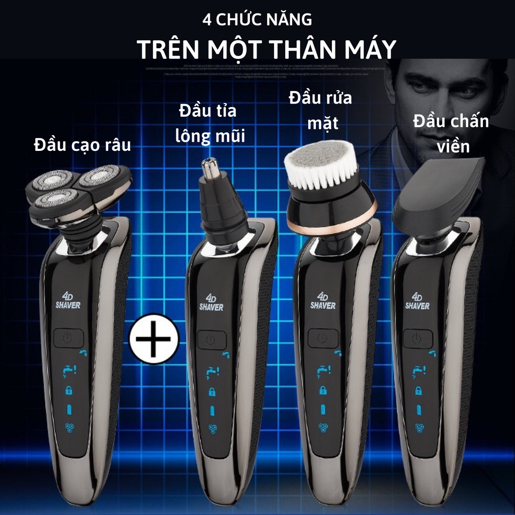 Máy cạo râu cao cấp Shaver 4D tự động mài 3 lưỡi dao - đầu cạo thông minh xoay 360 độ