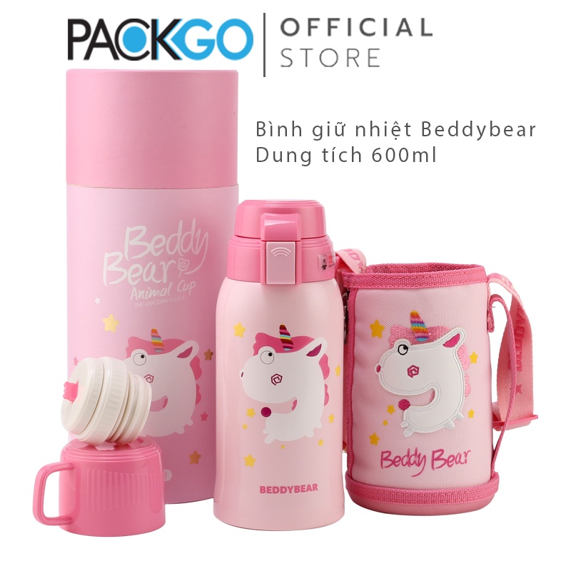 Bình giữ nhiệt cho Bé Gái Chính hãng 100% BeddyBear - Dung tích 600 ml - Unicorn-Kỳ Lân - 2 Nắp thay thế - Chính hãng