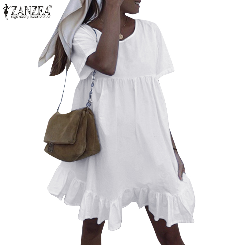 Đầm Mini ZANZEA Tay Ngắn Xếp Tầng Lai Xếp Nếp Đơn Giản Dành Cho Bạn Nữ