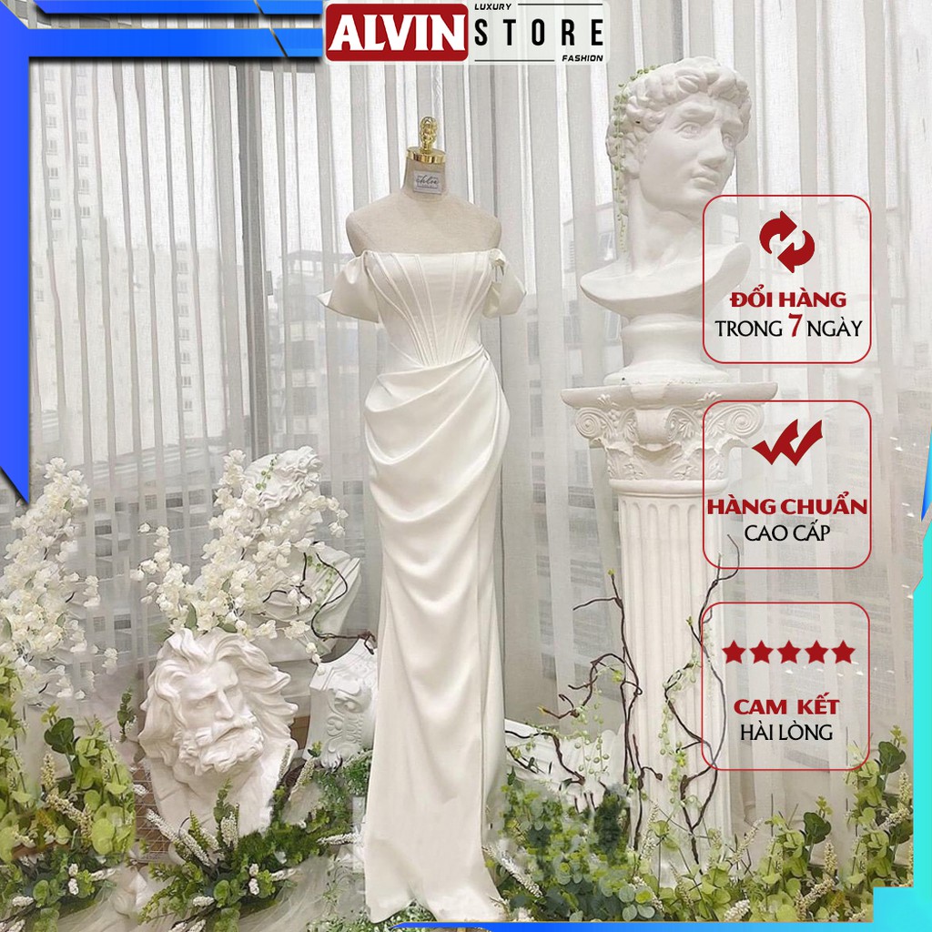 Đầm Dự Tiệc Lụa Hở Vai Ngang Xếp Ly Bụng Alvin Store 💖CAO CẤP💖 Váy Dự Tiệc Trắng Dài Thiết Kế Sang Trọng, Quyến Rũ