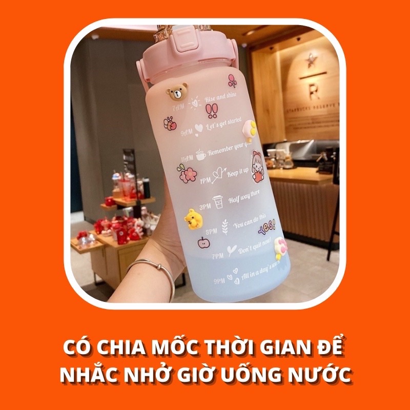 Bình đựng nước 2 lít có chia vạch và giờ nhắc nhở uống nước đúng thời gian có kèm theo sticker đáng yêu