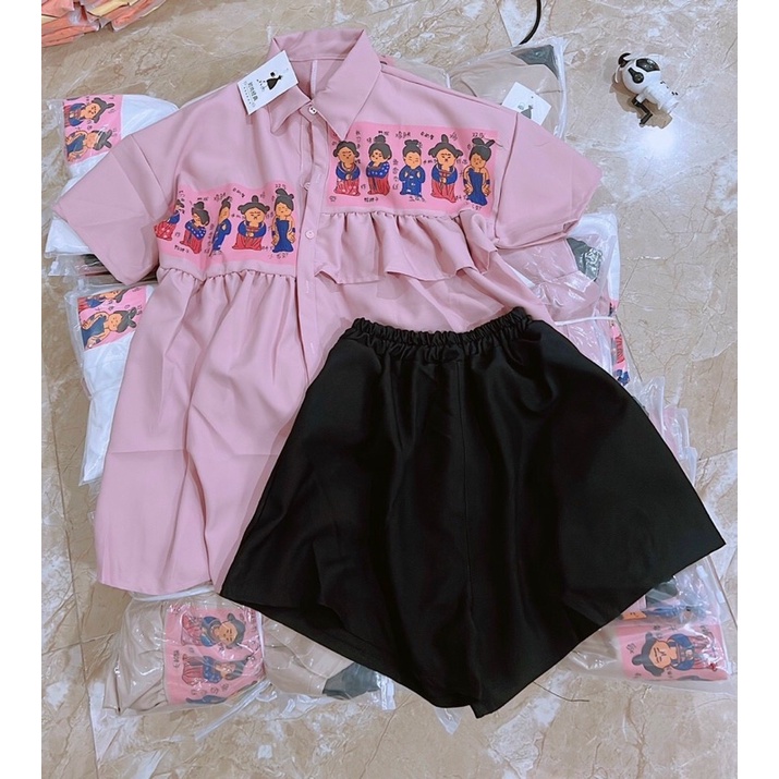 Sét áo sơ mi nữ kiểu lệch tà + quần lưng thun