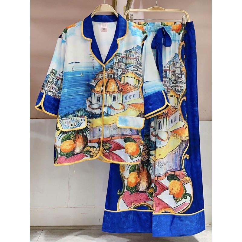 Pijama tay lỡ quần dài lụa satin cao cấp quảng 2